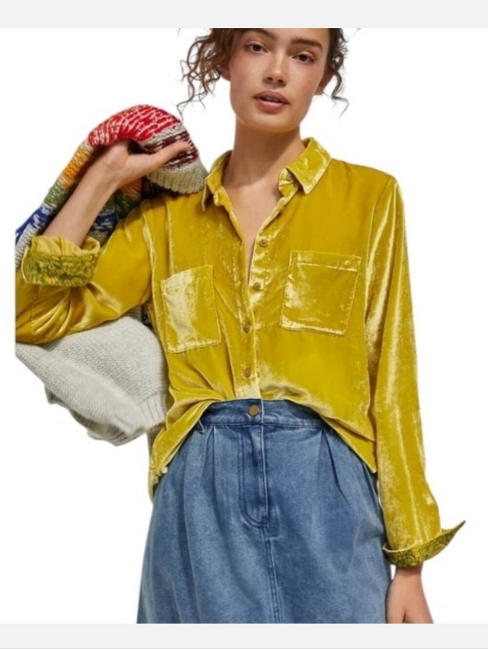 Pilcro Velvet Button-Down Shirt - Yellow